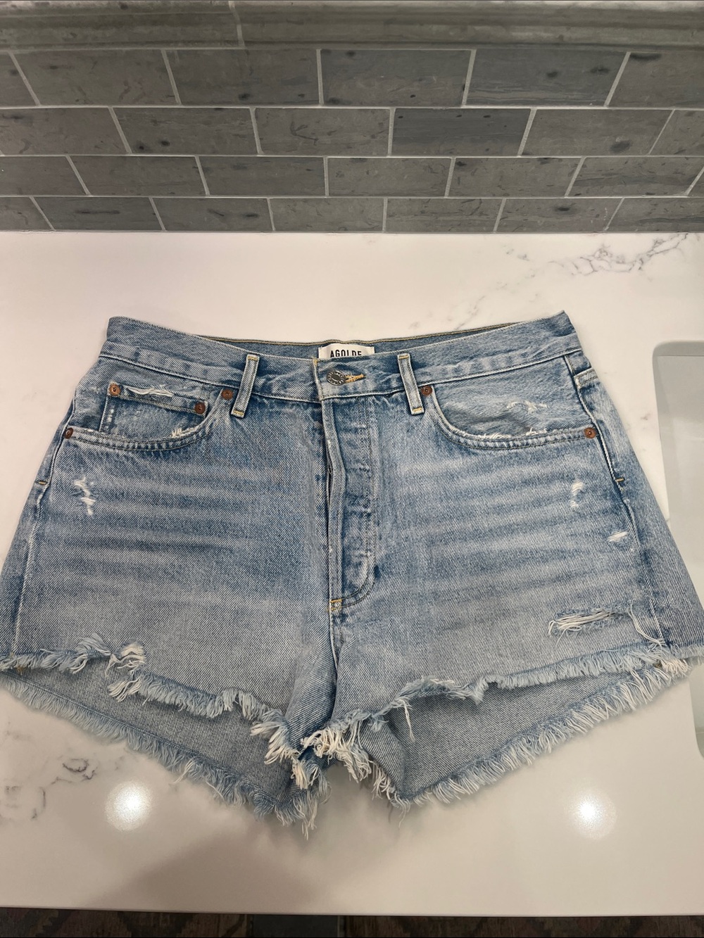 Agolde Parker Light Blue Distressed High-Rise Denim Shorts
